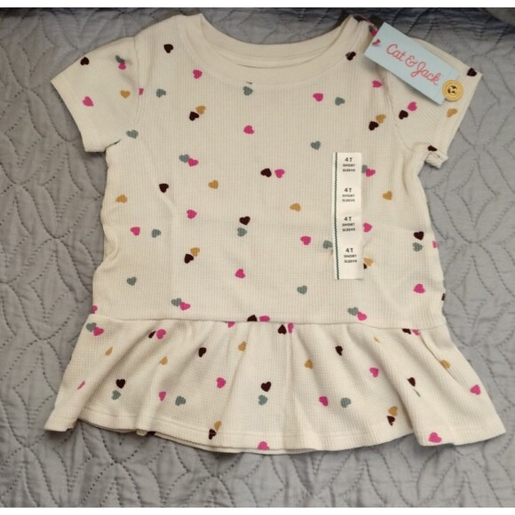 NWT, Cat & Jack Girls 4T Drop-Waist Shirt,  Cream With Mini Colored Hearts - Picture 2 of 8